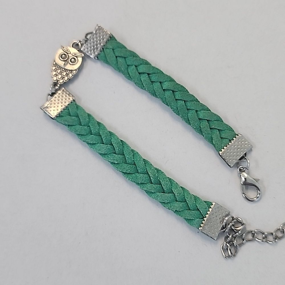 Green Braided Owl Bracelet Silver Tone Metal